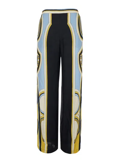 La Doublej Silk Geometric Wide-leg Pants With Elasticated Waist In Blue