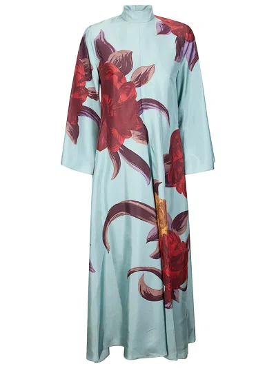 La Doublej Silk Maxi Dress With Colorful Print In Gray