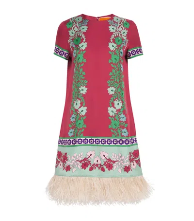 La Doublej Silk Ostrich Feather Mini Swing Dress In Brown