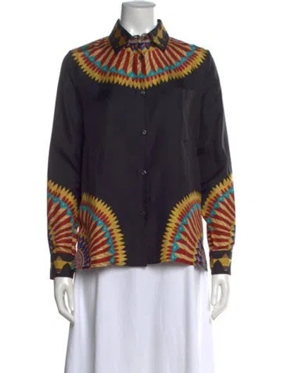 Pre-owned La Doublej Silk Patterned Button-up Top In Black