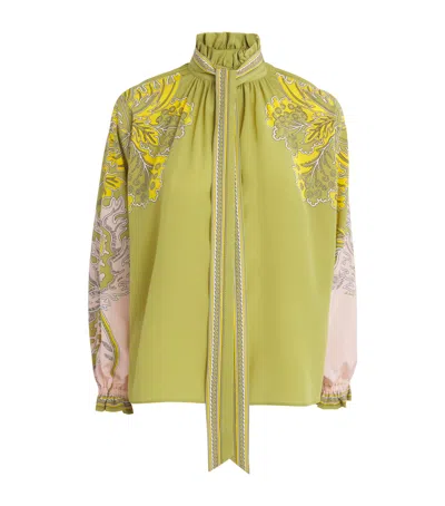 La Doublej Silk Printed Blouse With Scarf In Green