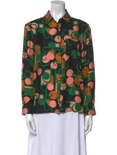 Pre-owned La Doublej Silk Printed Button-up Top In Green