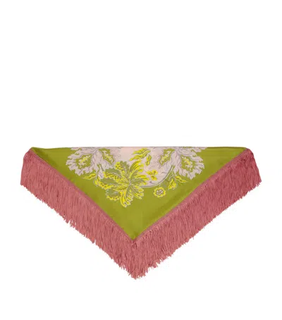 La Doublej Silk Printed Fringed Scarf In Green