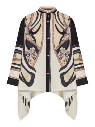 La Doublej Silk Scarf Shirt With Graphic Print And Asymmetric Bottom In Multi