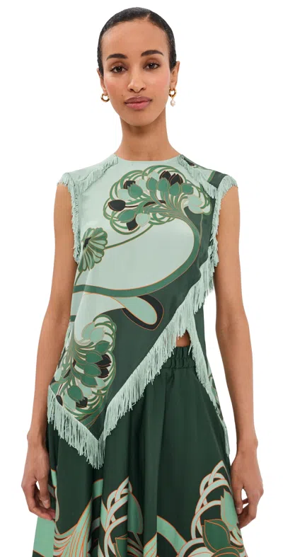 La Doublej Scarf Fringed Printed Silk Voile Top In Green