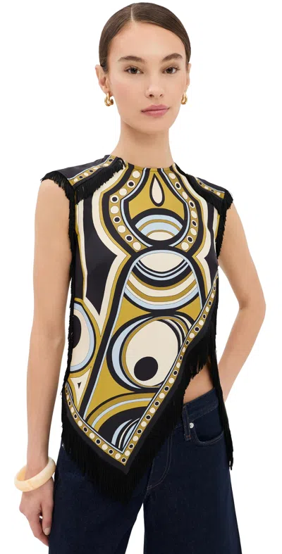 La Doublej Fringed Asymmetric Printed Silk-twill Top In Black