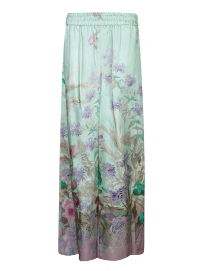 La Doublej Silk Sky Blue Floral Pants In Green