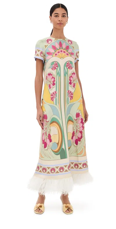 La Doublej Silk Swing Dress With Feathers Tulip Placee In Multi