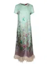 La Doublej Swing Green Midi Dress With Feathered Hem And All-over Floral Print In Silk Woman
