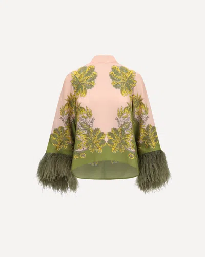 La Doublej Silk Top With Ostrich Feathers In Multicolour