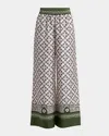 La Doublej La Double J Floral Pattern Wide-leg Trousers With Contrasting Borders In Green
