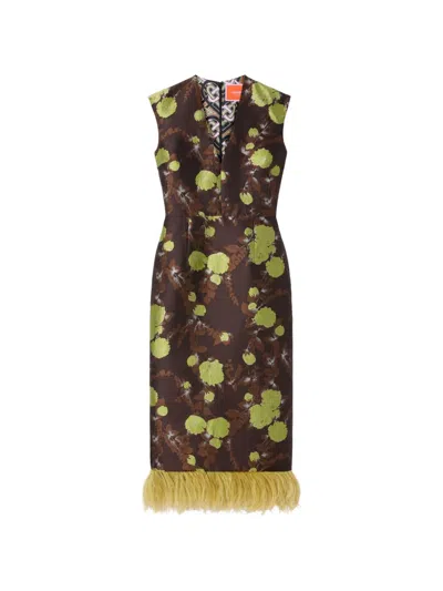 La Doublej Feather-trimmed Jacquard Midi Dress In Brown