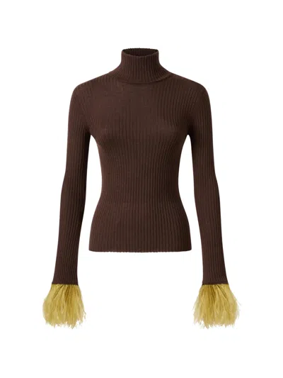 La Doublej Solid Cocoa In Ribbed Silk Cashmere With Feathers High Kick Top In Brown
