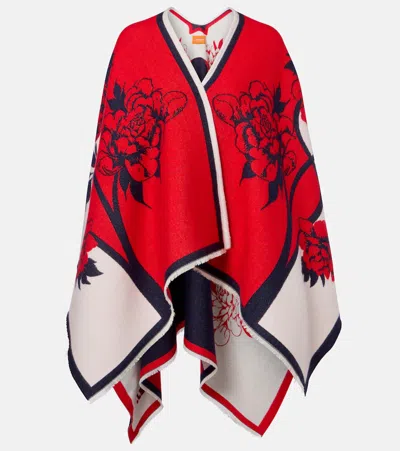 La Doublej Soul Floral Wool And Silk Poncho In Red
