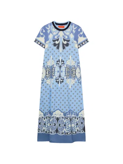 La Doublej Sporty Swing Printed Cotton Jersey Midi Dress In Blue
