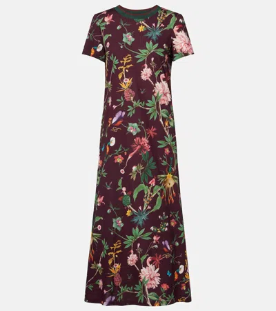 La Doublej Floral Print Cotton Maxi Dress With Contrasting Collar In Burgundy