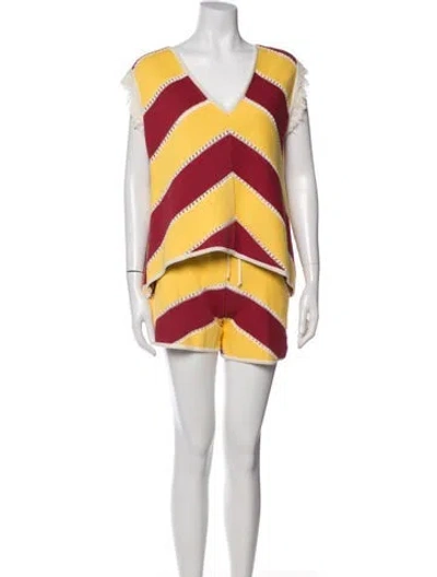Pre-owned La Doublej Striped Cutout Accent Short Set In Yellow