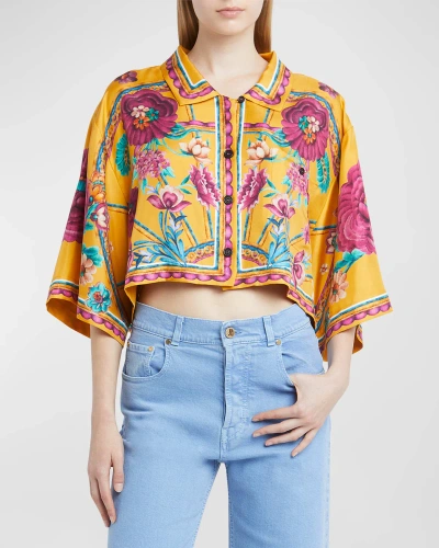 La Doublej Sunset Floral Place-print Crop Silk Shirt In Yellow