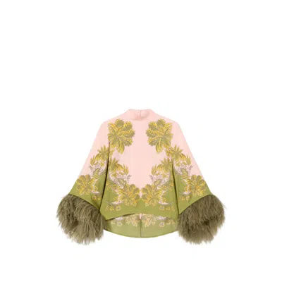 LA DOUBLEJ SWATHE PLACÉE PINK IN SILK TWILL WITH FEATHERS MAKE AN EXIT TOP
