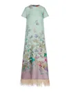 La Doublej Swing Green Midi Dress With Feathered Hem And All-over Floral Print In Silk Woman