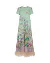 La Doublej Swing Green Midi Dress With Feathered Hem And All-over Floral Print In Silk Woman