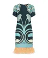 La Doublej Swing Printed Feather-trimmed Silk-twill Mini Dress In Green