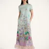 La Doublej Swing Green Midi Dress With Feathered Hem And All-over Floral Print In Silk Woman In Heath Placée Mint