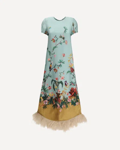La Doublej Swing Feather-trimmed Printed Silk-twill Maxi Dress In Green
