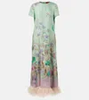 La Doublej Swing Green Midi Dress With Feathered Hem And All-over Floral Print In Silk Woman In Green