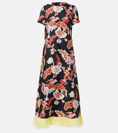 LA DOUBLEJ SWING FEATHER-TRIMMED SILK MAXI DRESS