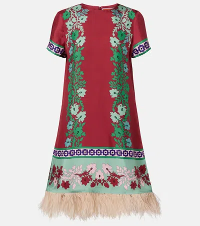 La Doublej Swing Feather-trimmed Printed Silk-twill Mini Dress In Multi
