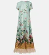 La Doublej Swing Feather-trimmed Printed Silk-twill Maxi Dress In Green