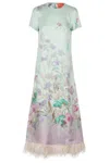 La Doublej Swing Green Midi Dress With Feathered Hem And All-over Floral Print In Silk Woman
