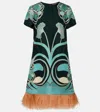 La Doublej Swing Printed Feather-trimmed Silk-twill Mini Dress In Multi