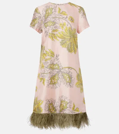 La Doublej Swing Feather-trimmed Floral Silk Twill Minidress In Multi