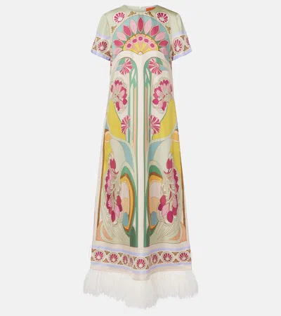 La Doublej Swing Feather-trimmed Silk Twill Maxi Dress In Multi