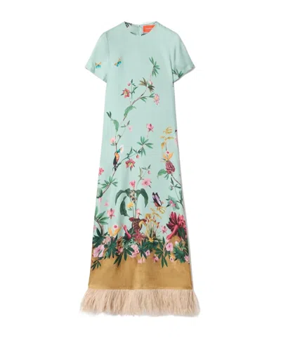 La Doublej Swing Feather-trimmed Printed Silk-twill Maxi Dress In Green