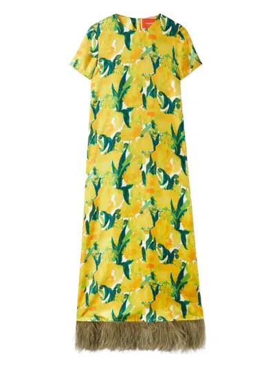La Doublej Swing Floral-print Feather-hem Maxi Dress