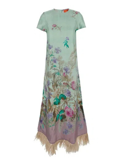La Doublej 'swing' Green Midi Dress With Feathered Hem And All-over Floral Print