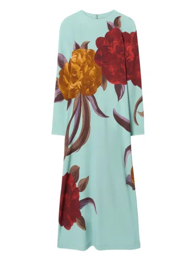 La Doublej Swing Lon-sleeve Floral Midi Dress In Blue