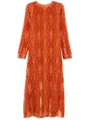 La Doublej Damask-print Velvet Long-sleeve Maxi Swing Dress In 橘色