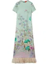 La Doublej Swing Green Midi Dress With Feathered Hem And All-over Floral Print In Silk Woman In Green