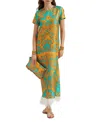 La Doublej Baroque-print Feather-trim Maxi Swing Dress In Va-va Placee Turquoise