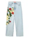 La Doublej Floral Appliqué Barrel-leg Jeans In Blue