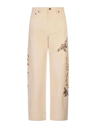 La Doublej The Barrel Jean Embroidered In Neutral