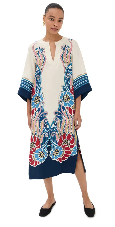 La Doublej The Kaftan Multicolor Silk Kaftan With V Neck And All-over Floral Print Woman In White