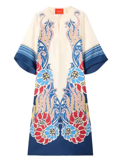 La Doublej The Kaftan Multicolor Silk Kaftan With V Neck And All-over Floral Print Woman In White