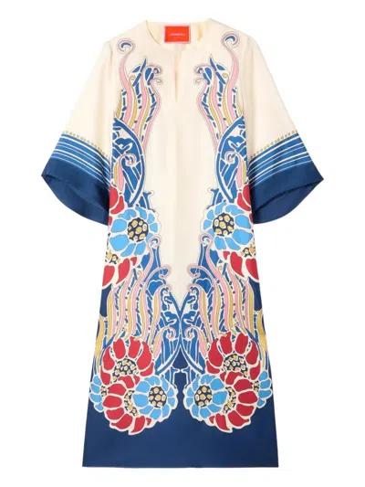 La Doublej The Kaftan Multicolor Silk Kaftan With V Neck And All-over Floral Print Woman In White