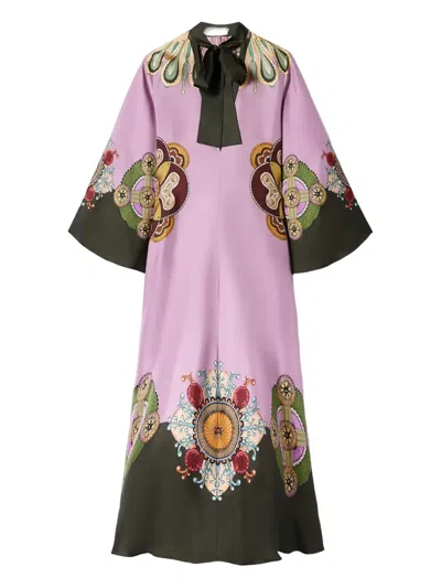 La Doublej Tie-neck Silk Printed Dress In Purple