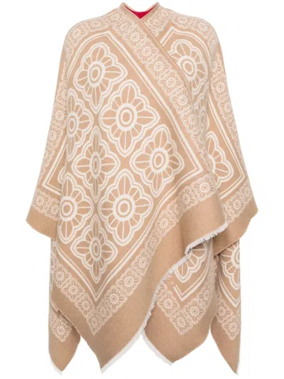 La Doublej Tiles-print Reversible Poncho In Brown